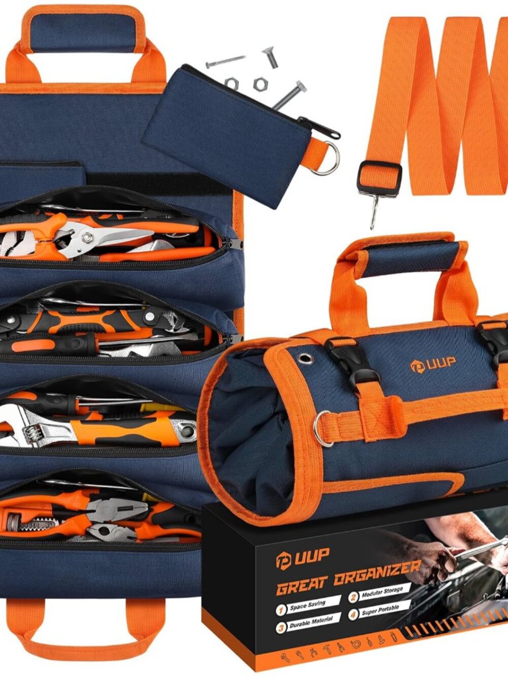 Tool Roll Bag Heavy Duty Tool Bag Gifts for Men Dad Mechanic, Blue Orange